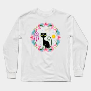 Dream Catcher Moon Stars Sun Black Wiccan Cat Long Sleeve T-Shirt